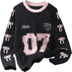 imageGirls Long Sleeve Graphic Tees Shirt Y2K Bowknot Print Crew Neck Jersey TopsBlack