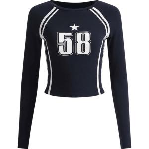 imageGirls Number Print Jersey Tee Shirts Crewneck Raglan Long Sleeve Slim Fit Crop TopsBlue