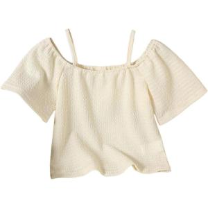 imageGirls Textured Cold Shoulder T Shirts Short Sleeve Scoop Neck Casual Tee TopsApricot