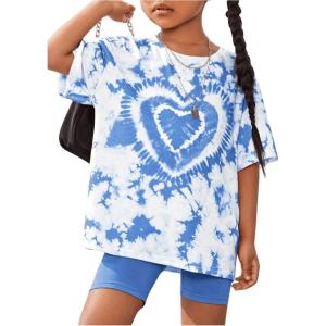 imageToddler Girls Oversized Tie Dye Heart Graphic Tees Half Sleeve Crew Neck Casual T Shirt Blue 4Y