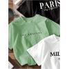 imageGirls 3 Packs T Shirts Set Letter Graphic Tees Short Sleeve Crew Neck Summer Tee ShirtBlack White Green