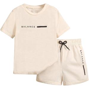 imageBoys 2 Piece Outfits Short Sleeve Crew Neck Letter Graphic Tee Shirt and Drawstring Waist Shorts SetApricot