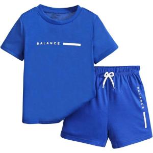 imageBoys 2 Piece Outfits Short Sleeve Crew Neck Letter Graphic Tee Shirt and Drawstring Waist Shorts SetDeep Blue