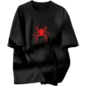 imageBoys Casual Tropical Star Letter Print T Shirt Short Sleeve Crew Neck Drop Shoulder Tee TopsBlack and Red