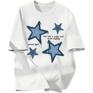 imageBoys Casual Tropical Star Letter Print T Shirt Short Sleeve Crew Neck Drop Shoulder Tee TopsWhite Blue