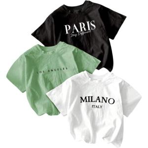 imageGirls 3 Packs T Shirts Set Letter Graphic Tees Short Sleeve Crew Neck Summer Tee ShirtBlack White Green