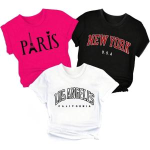 imageGirls 3 Packs T Shirts Set Letter Graphic Tees Short Sleeve Crew Neck Summer Tee ShirtBlack White Hot Pink