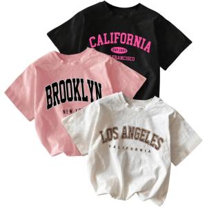 imageGirls 3 Packs T Shirts Set Letter Graphic Tees Short Sleeve Crew Neck Summer Tee ShirtMulticolor