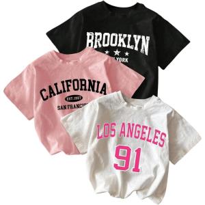 imageGirls 3 Packs T Shirts Set Letter Graphic Tees Short Sleeve Crew Neck Summer Tee ShirtPink Multicolor