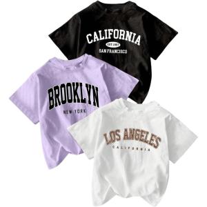 imageGirls 3 Packs T Shirts Set Letter Graphic Tees Short Sleeve Crew Neck Summer Tee ShirtPurple Multicolor