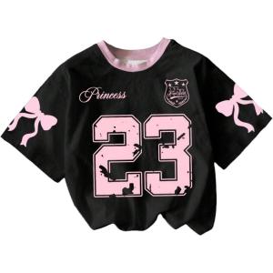 imageGirls Graphic Jersey Shirts Bowknot Number Print Summer T Shirt Short Sleeve Cute TopsBlack