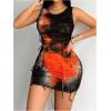 imageWomens Fringed Tie Dye Bodycon Tank Dresses Sleeveless Crew Neck Slim Fit Pencil Mini DressBlack
