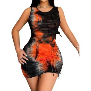 imageWomens Fringed Tie Dye Bodycon Tank Dresses Sleeveless Crew Neck Slim Fit Pencil Mini DressBlack