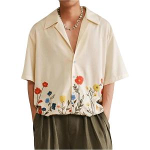 imageMens Floral Button Down Shirts Short Sleeve Drop Shoulder Beach Casual Dress Collared Shirts TopsApricot