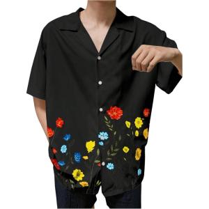imageMens Floral Button Down Shirts Short Sleeve Drop Shoulder Beach Casual Dress Collared Shirts TopsBlack