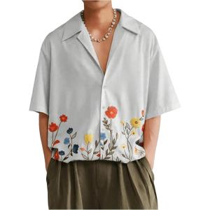 imageMens Floral Button Down Shirts Short Sleeve Drop Shoulder Beach Casual Dress Collared Shirts TopsGrey