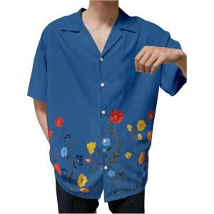 imageMens Floral Button Down Shirts Short Sleeve Drop Shoulder Beach Casual Dress Collared Shirts TopsRoyal Blue