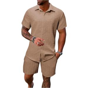 imageMens Short Sets 2 Piece Outfits Button Down Linen Shirts and Short Sets Summer Beach OutfisKhaki