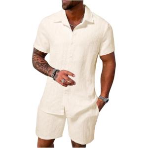 imageMens Short Sets 2 Piece Outfits Button Down Linen Shirts and Short Sets Summer Beach OutfisLight Apricot
