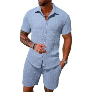 imageMens Short Sets 2 Piece Outfits Button Down Linen Shirts and Short Sets Summer Beach OutfisLight Blue