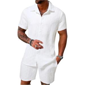imageMens Short Sets 2 Piece Outfits Button Down Linen Shirts and Short Sets Summer Beach OutfisPure White