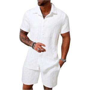 imageMens Short Sets 2 Piece Outfits Button Down Linen Shirts and Short Sets Summer Beach OutfisWhite