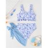 imageGirls 3 Piece Floral Swimsuits Twist Knot Ruffle Trim Wireless Bathing Suits with Mesh Cover Ups SkirtMulticolor