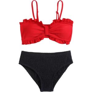 imageGirls 2 Piece Bathing Suit Ruffle Smocked Spaghetti Strap Ruched Swimsuits Cute Bikini SetRed