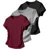 imageGirls 3 Packs Short Sleeve Ruched T Shirt Crewneck Slim Fit Basic Tee Tops Summer ClothesRed Multicolor