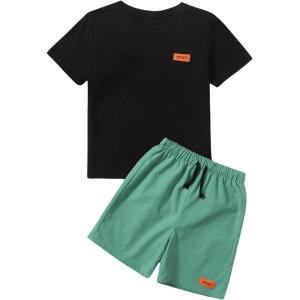 imageBoys 2 Piece Outfits Casual Letter Short Sleeve Crewneck T Shirt and Drawstring Track Shorts Color Block SetGreen