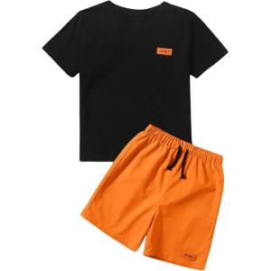 imageBoys 2 Piece Outfits Casual Letter Short Sleeve Crewneck T Shirt and Drawstring Track Shorts Color Block SetOrange