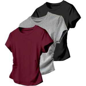 imageGirls 3 Packs Short Sleeve Ruched T Shirt Crewneck Slim Fit Basic Tee Tops Summer ClothesMulticolor