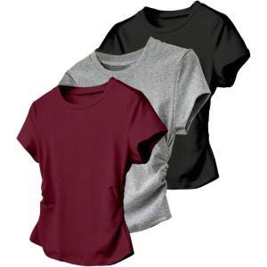 imageGirls 3 Packs Short Sleeve Ruched T Shirt Crewneck Slim Fit Basic Tee Tops Summer ClothesRed Multicolor