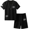 imageBoys 2 Piece Outfits Letter and Tropical Graphic Print Short Sleeve Crewneck Tee and ShortsBlack
