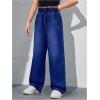 imageGirls Elastic High Waisted Jeans Straight Wide Leg Denim Pants Casual Baggy JeansDark Wash