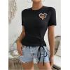 imageWomens Heart Cut Out Drawstring T Shirts Casual Short Sleeve Crewneck Slim Fit TopsBlack