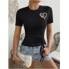 imageWomens Heart Cut Out Drawstring T Shirts Casual Short Sleeve Crewneck Slim Fit TopsBlack