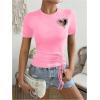 imageWomens Heart Cut Out Drawstring T Shirts Casual Short Sleeve Crewneck Slim Fit TopsLight Pink