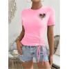 imageWomens Heart Cut Out Drawstring T Shirts Casual Short Sleeve Crewneck Slim Fit TopsLight Pink