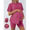 imageWomens Maternity Pajamas Set 2 Piece Outfits Rib Knit T Shirt and Biker Shorts Lounge Set SleepwearHot Pink