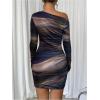 imageWomens Off Shoulder Ombre Tie Dye Bodycon Dress Long Sleeve Slim Fit Pencil Mini DressesBrown