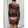 imageWomens Off Shoulder Ombre Tie Dye Bodycon Dress Long Sleeve Slim Fit Pencil Mini DressesRust Brown