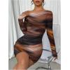 imageWomens Off Shoulder Ombre Tie Dye Bodycon Dress Long Sleeve Slim Fit Pencil Mini DressesRust Brown