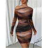 imageWomens Off Shoulder Ombre Tie Dye Bodycon Dress Long Sleeve Slim Fit Pencil Mini DressesRust Brown