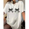 imageWomens Plus Size Bow Knot Print Tee Graphic Round Neck Short Sleeve T Shirt Oversize Casual TopsWhite and Black