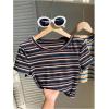 imageWomens Striped Colorblock T Shirt Short Sleeve Crew Neck Ribbed Knit Crop TopsBlack