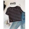 imageWomens Striped Colorblock T Shirt Short Sleeve Crew Neck Ribbed Knit Crop TopsBlack