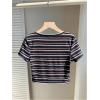 imageWomens Striped Colorblock T Shirt Short Sleeve Crew Neck Ribbed Knit Crop TopsBlack
