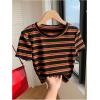 imageWomens Striped Colorblock T Shirt Short Sleeve Crew Neck Ribbed Knit Crop TopsBlack Orange