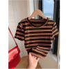 imageWomens Striped Colorblock T Shirt Short Sleeve Crew Neck Ribbed Knit Crop TopsBlack Orange